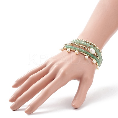 5Pcs 5 Style Natural Green Aventurine & Brass Beaded Stretch Bracelets Set BJEW-JB08870-03-1