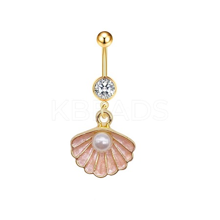 304 Stainless Steel Pave Clear Cubic Zirconia Enamel & Plastic Pearl Shell Shape Curved Barbell Dangle Belly Rings FS-WG01A3A-03-1