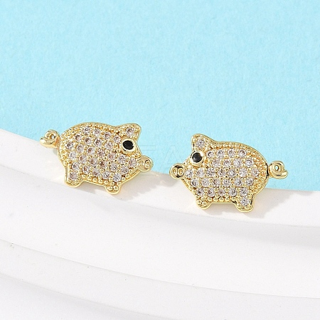 Brass Micro Pave Clear Cubic Zirconia Pig Stud Earrings EJEW-F400-07G-1