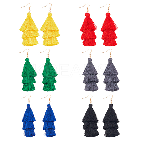 6 Pairs 6 Colors Bohemian Polyester Long Tassel Dangle Earrings with Iron Pins for Women EJEW-AN0003-97-1
