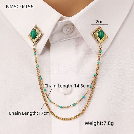 304 Stainless Steel & Dyed Stone Rhombus Hanging Chain Brooch JEWB-S021-01G-01-1