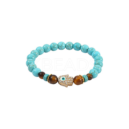 Synthetic Turquoise & Natural Tiger Eye Round Beaded Stretch Bracelets FS-WGB9D7B-08-1