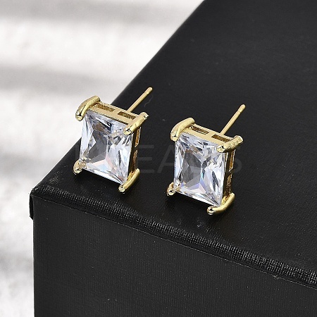 Brass Clear Cubic Zirconia Rectangle Stud Earrings EJEW-L261-025G-1