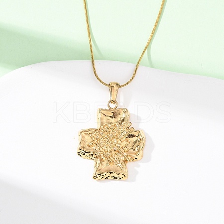 304 Stainless Steel Textured Cross Pendant Snake Chain Necklaces for Women NJEW-F354-04G-1
