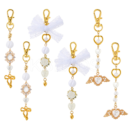 6Pcs 3 Styles Alloy with Plastic Pearl Pendant Keychain KEYC-FH00080-1