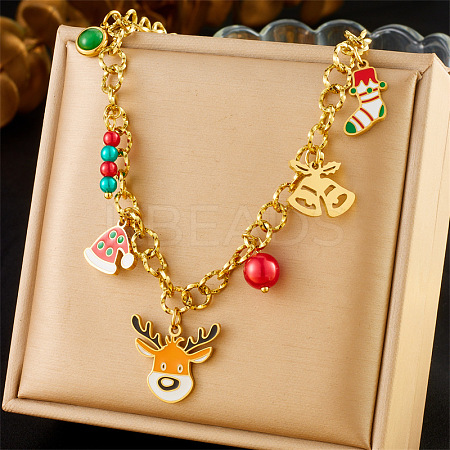 304 Stainless Steel Enamel & Plastic & Resin Deer Christmas Socking Bell Pendant Necklaces for Women NJEW-Z092-02G-1
