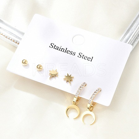 304 Stainless Steel Rhinestone Moon & Star & Round Earring Sets EJEW-Z098-22G-1