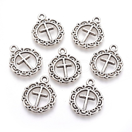 Tibetan Style Flat Round with Cross Alloy Pendants X-TIBEP-Q054-07AS-RS-1