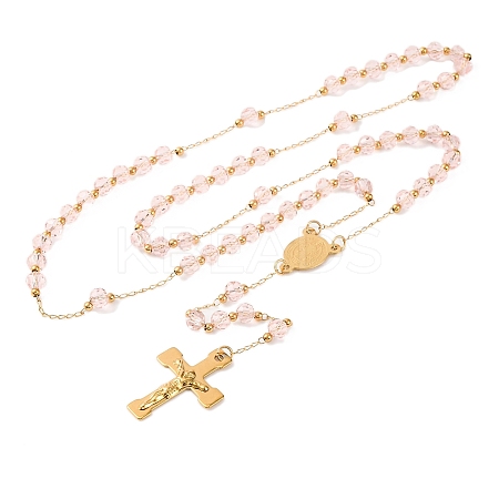 Ion Plating(IP) Crucifix Cross 304 Stainless Steel Rosary Bead Necklaces NJEW-M075-03G-02-1