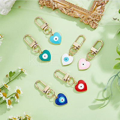6Pcs 6 Colors Heart with Evil Eye Alloy Enamel Pendant Decoration KEYC-DC0001-27-1