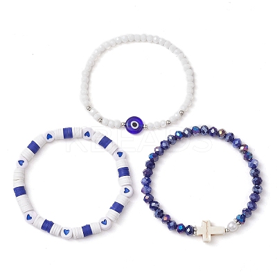 3Pcs Religion Polymer Clay & Glass & Synthetic Turquoise Beaded Stretch Bracelets Kit BJEW-JB10675-02-1