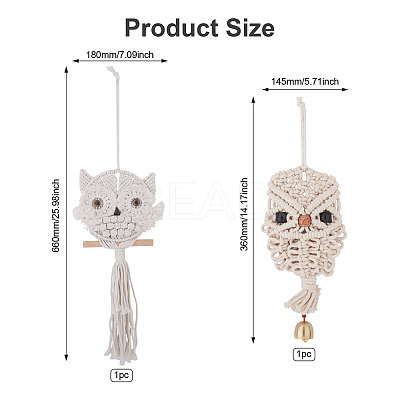 Owl Cotton Rope & Wood Beads Wind Chime Pendant HJEW-CF0001-05-1