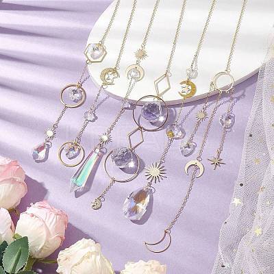 Glass Crystal Balls & Brass Sun Moon Pendant Ornament HJEW-JM02158-1