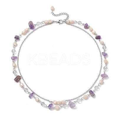 Natural Amethyst Chip & Glass & 304 Stainless Steel Handmade Link Chain Double Layer Necklaces for Women NJEW-JN05363-01-1