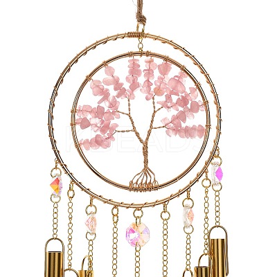 Wire Wrapped Natural Rose Quartz Chips Tree of Life Wind Chime HJEW-G028-04A-1