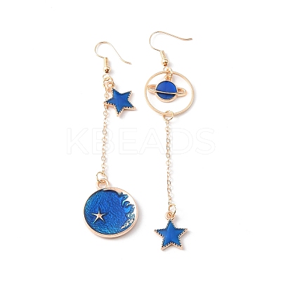 Blue Enamel Planet with Star Asymmetrical Earrings EJEW-WJ0017-07E-1