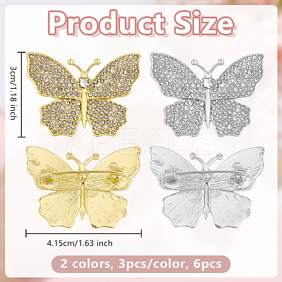 6Pcs 2 Colors Butterfly Alloy Rhinestone Lapel Pins for Backpack Clothes JEWB-OC0001-07-1