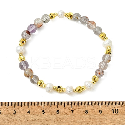 Round Natural Lodolite Quartz & Cultured Freshwater Pearl & Brass Beaded Stretch Bracelets for Women BJEW-JB14060-03-1