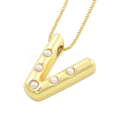 Brass & Plastic Pearl Letter Pendant Box Chain Necklaces for Women NJEW-U017-01G-22-1