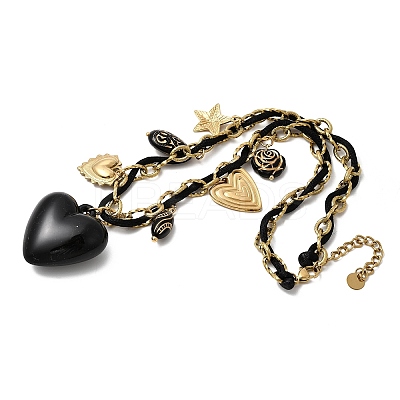 304 Stainless Steel & Acrylic Black Heart Pendant Bib Necklaces for Women NJEW-A063-04G-1