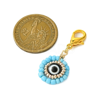12Pcs 12 Colors Flat Round with Evil Eye Resin & Glass Seed Pendant Decorations HJEW-MZ00094-1