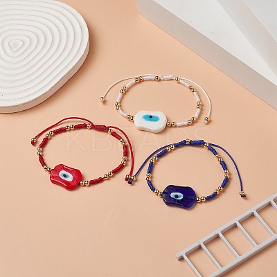3Pcs 3 Color Evil Eye Lampwork & Glass Seed Braided Bead Bracelets Set for Women BJEW-JB09250-1