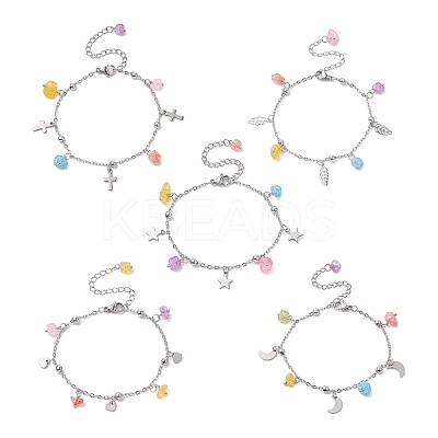 Synthetic Crackle Quartz Chips & 304 Stainless Steel Charm Bracelet for Women BJEW-JB09331-1
