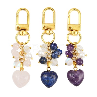 3Pcs Natural Lapis Lazuli & Rose Quartz & Amethyst Heart Pendant Decorations HJEW-JM04150-1