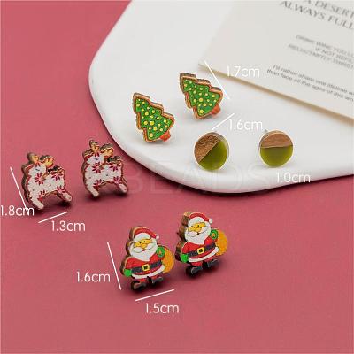4 Pairs Santa Claus & Deer & Christmas Tree Printed Wood Stud Earrings EJEW-OY001-05-1