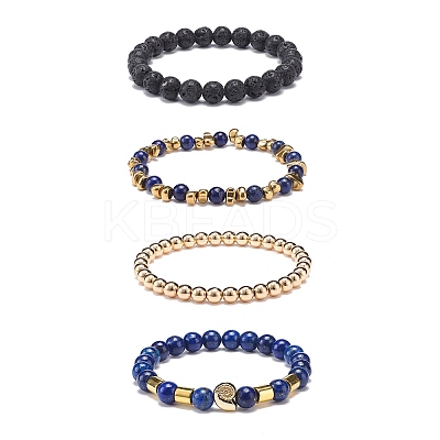 4Pcs 4 Style Natural Lava Rock & Lapis Lazuli(Dyed) & Synthetic Hematite Stretch Bracelets Set with Alloy Shell Beaded BJEW-JB08738-1