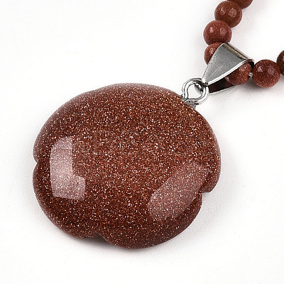Synthetic Goldstone 4.5mm Round Beaded Flower Pendant Necklaces NJEW-T016-04J-1