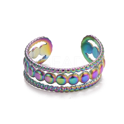 Ion Plating(IP) Rainbow Color  304 Stainless Steel Triple Line Open Cuff Ring for Women RJEW-C025-07M-1