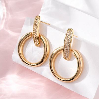 Brass Micro Pave Clear Cubic Zirconia Ring Dangle Stud Earrings EJEW-F374-01G-1