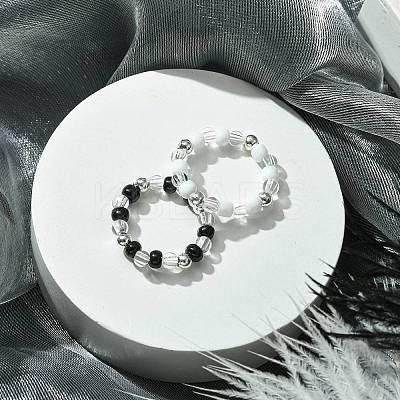 2Pcs 2 Color Acrylic & Glass Seed Beaded Stretch Rings Set for Women RJEW-JR00593-1