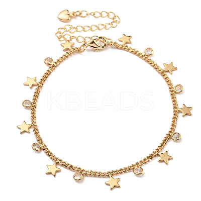 Brass Star & Glass Flat Round Charm Bracelets with Curb Chains NJEW-R263-25G-1