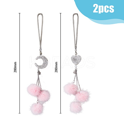 2Pcs 2 Style Rhinestones Heart and Fuzzy Plush Ball Car Hanging Pendant HJEW-DC0001-07-1