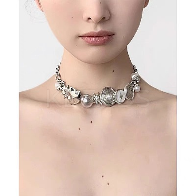 Sun Heat Button Stainless Steel & Acrylic & Plastic Imitation Pearl Choker Necklaces FS-WG98DB1-01-1