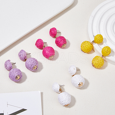 4 Pairs 4 Colors Raffia Grass Braided Round Dangle Stud Earrings with Iron Pins for Women EJEW-FI0002-27-1
