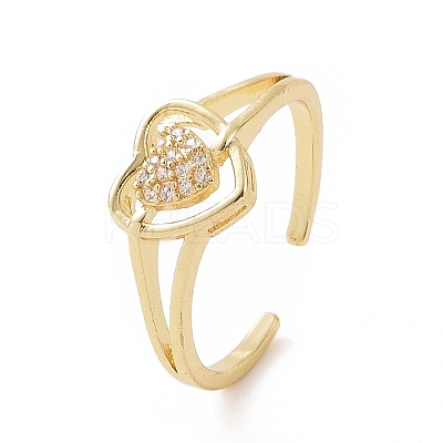 Clear Cubic Zirconia Heart Open Cuff Ring RJEW-G283-10G-1
