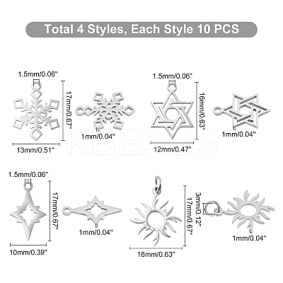 40Pcs 4 Style 201 Stainless Steel Pendants STAS-DC0006-44-1
