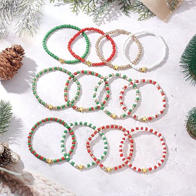 12Pcs Christmas Theme Glass Seed Beads Stretch Bracelet Sets BJEW-JB12109-1