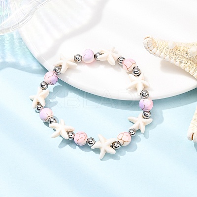 Starfish Synthetic Turquoise Beads & Brass Beads Stretch Bracelets BJEW-JB12417-01-1
