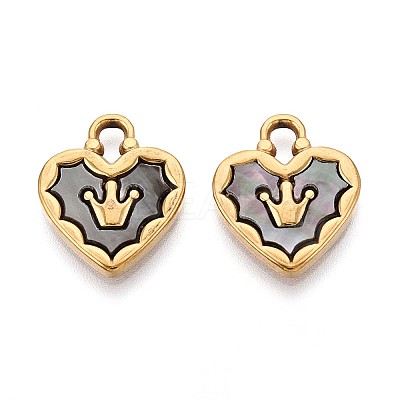 304 Stainless Steel Pave Natural Black Lip Shell Crown Heart Pendants STAS-N110-22B-G-1