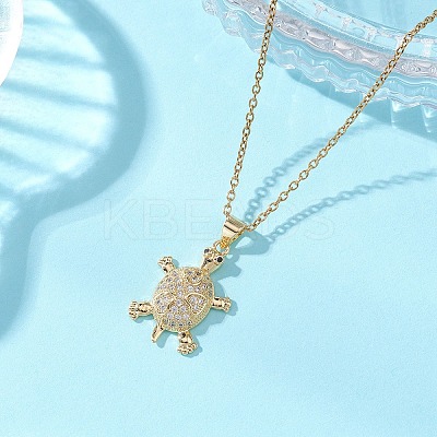 Brass Micro Pave Clear Cubic Zirconia Tortoise Pendant 304 Stainless Steel Cable Chain Necklaces for Women NJEW-JN05903-01-1