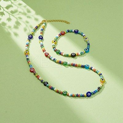 Lampwork Evil Eye & Glass Seed Beaded Necklace Stretch Bracelet SJEW-JS01246-1