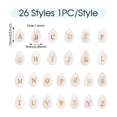 26Pcs 26 Styles Natural Shell Teardrop Charms with Golden Tone Metal Letter Slices SHEL-TAC0004-02-1
