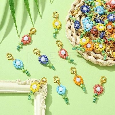 50Pcs 5 Colors Flower Glass Seed Bead Pendant Decorations HJEW-CJ0001-09-1