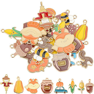 30Pcs 15 Styles Thanksgiving Day Light Gold Plated Alloy Pendants ENAM-SC0010-02-1