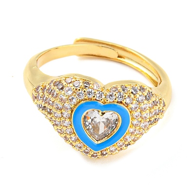 Enamel Heart Adjustable Ring with Clear Cubic Zirconia RJEW-Q781-01G-02-1