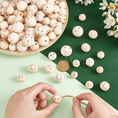 120Pcs 6 Styles Printed Natural Wood European Beads WOOD-PH0002-58-1
